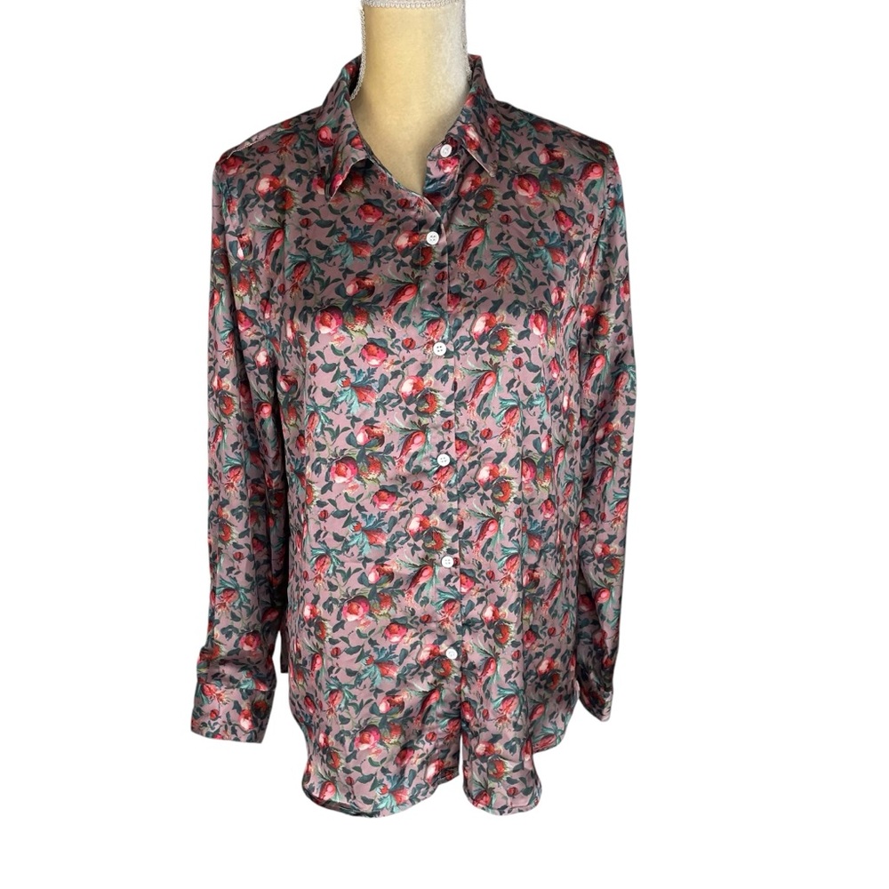 Eli‎ Tahari Blouse Button Up Ditsy Little Flowers Pink Purple Women’s Size Large